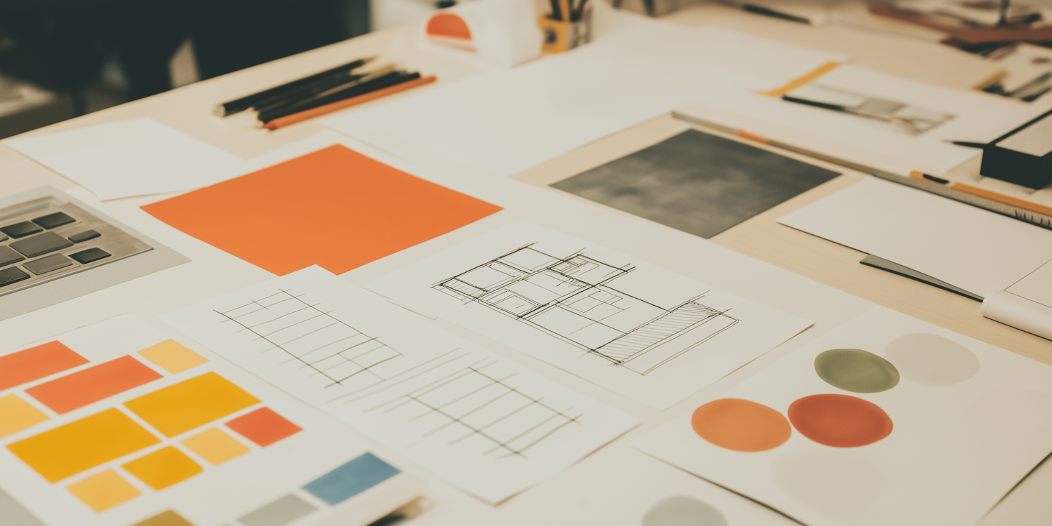 Sketches and material samples on a studio worktop